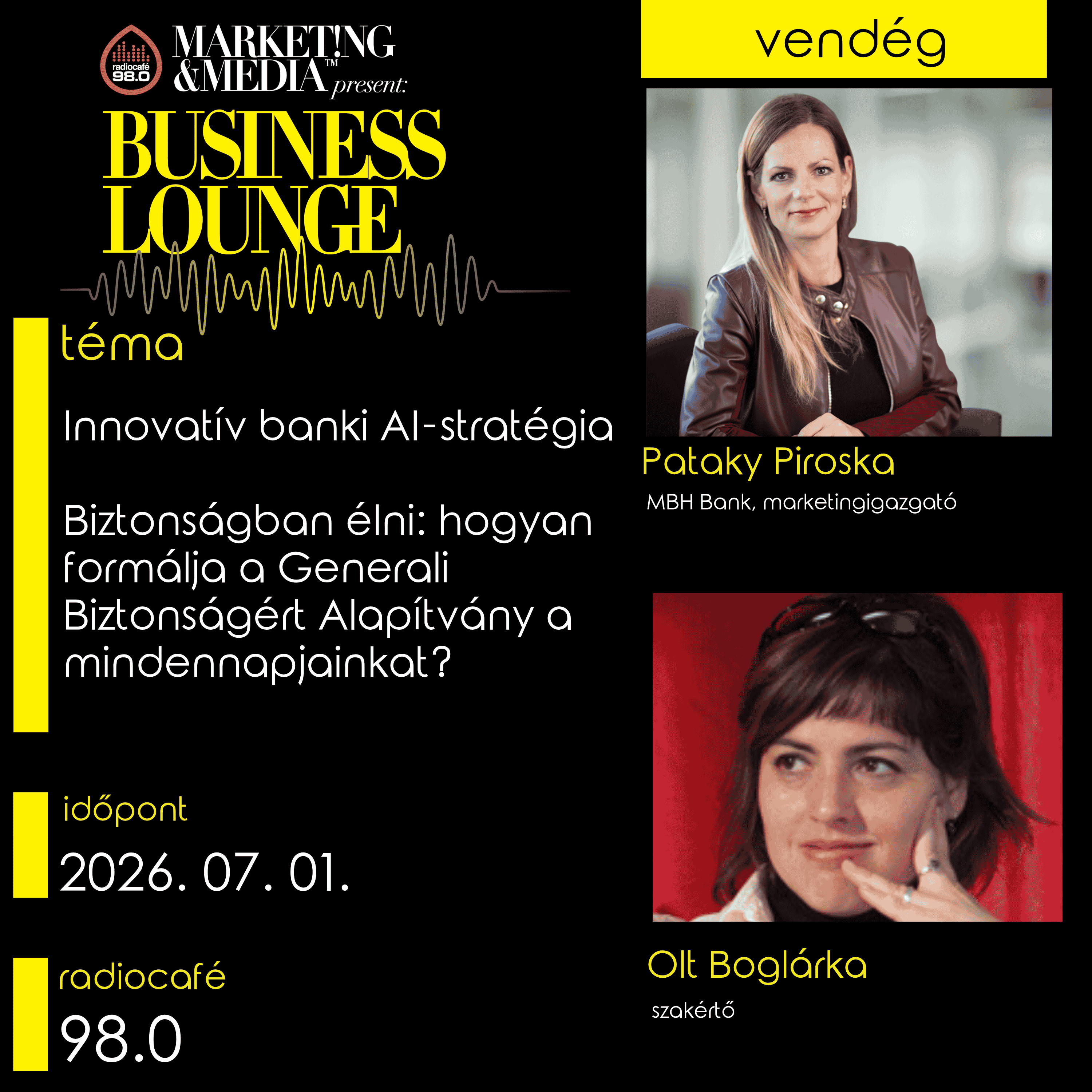 # 068 - Innovatív banki AI-stratégia vendég: Pataky Piroska, MBH Bank, marketingigazgató Biztonságban élni: hogyan formálja a Generali Biztonságért Alapítvány a mindennapjainkat? vendég: Olt Boglárka szakértő episode artwork