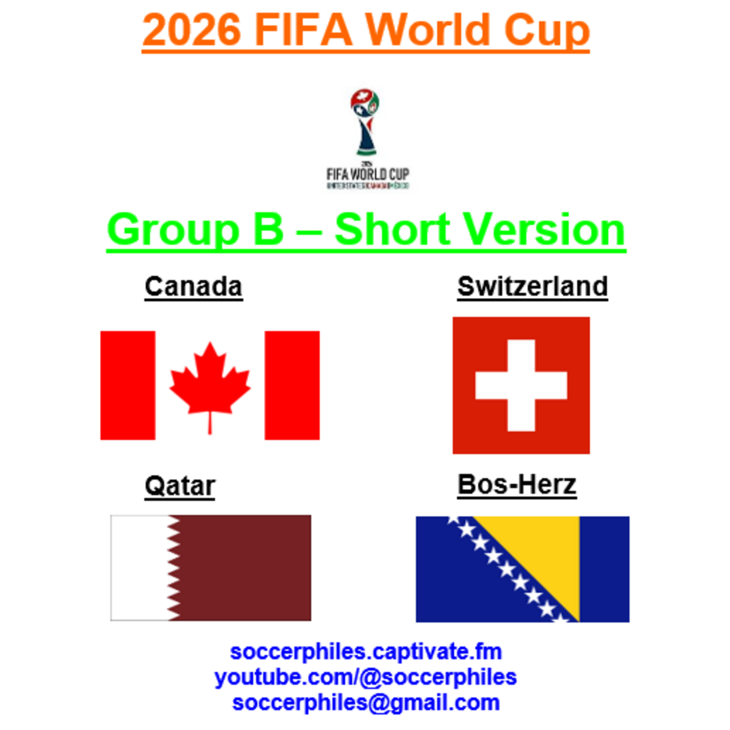 2026 FIFA World Cup - Group B Short Version – Canada, Switzerland, Qatar, and Bos-Herz