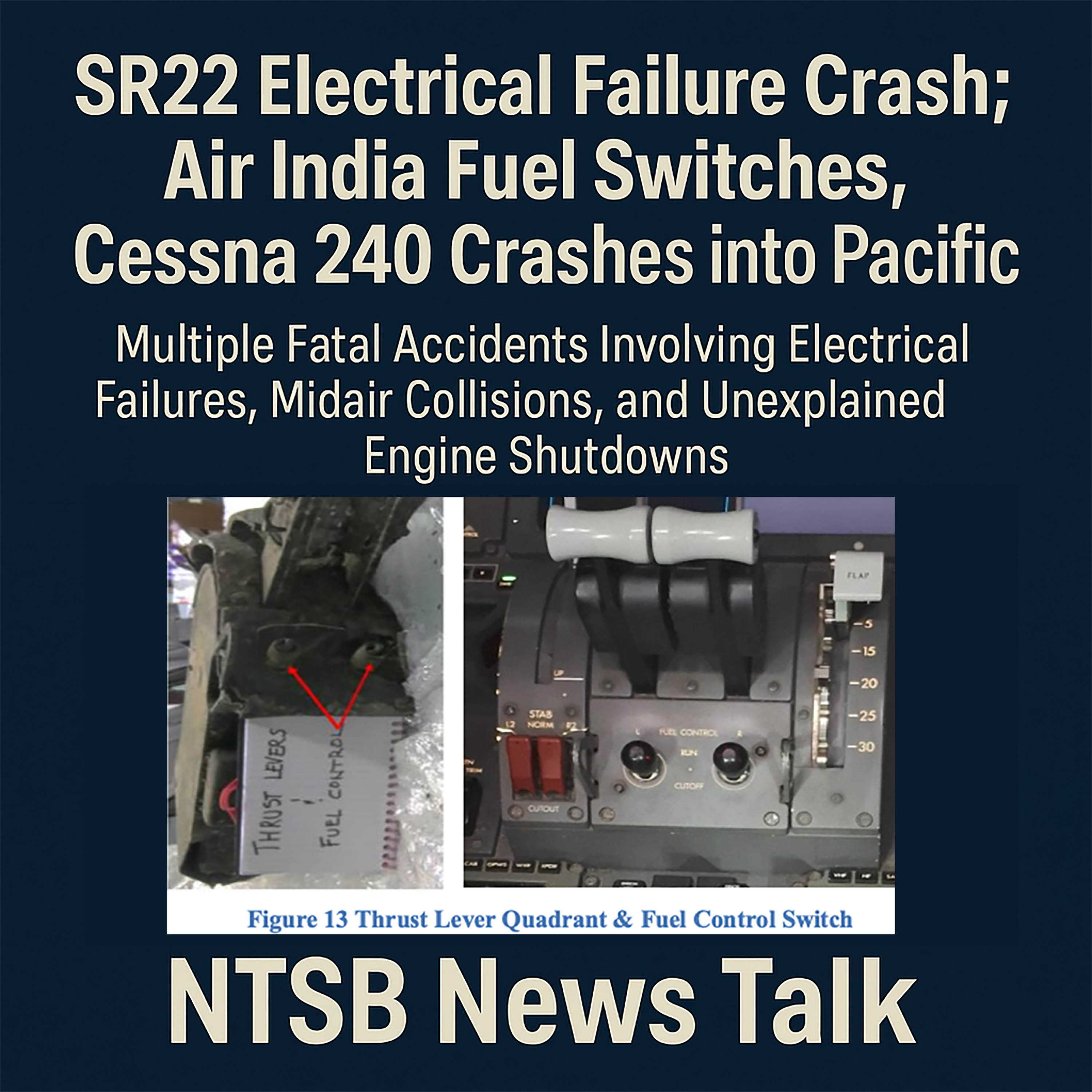 SR22 Electrical Failure Crash; Air India Fuel Switches, Cessna 240 Crashes into Pacific
