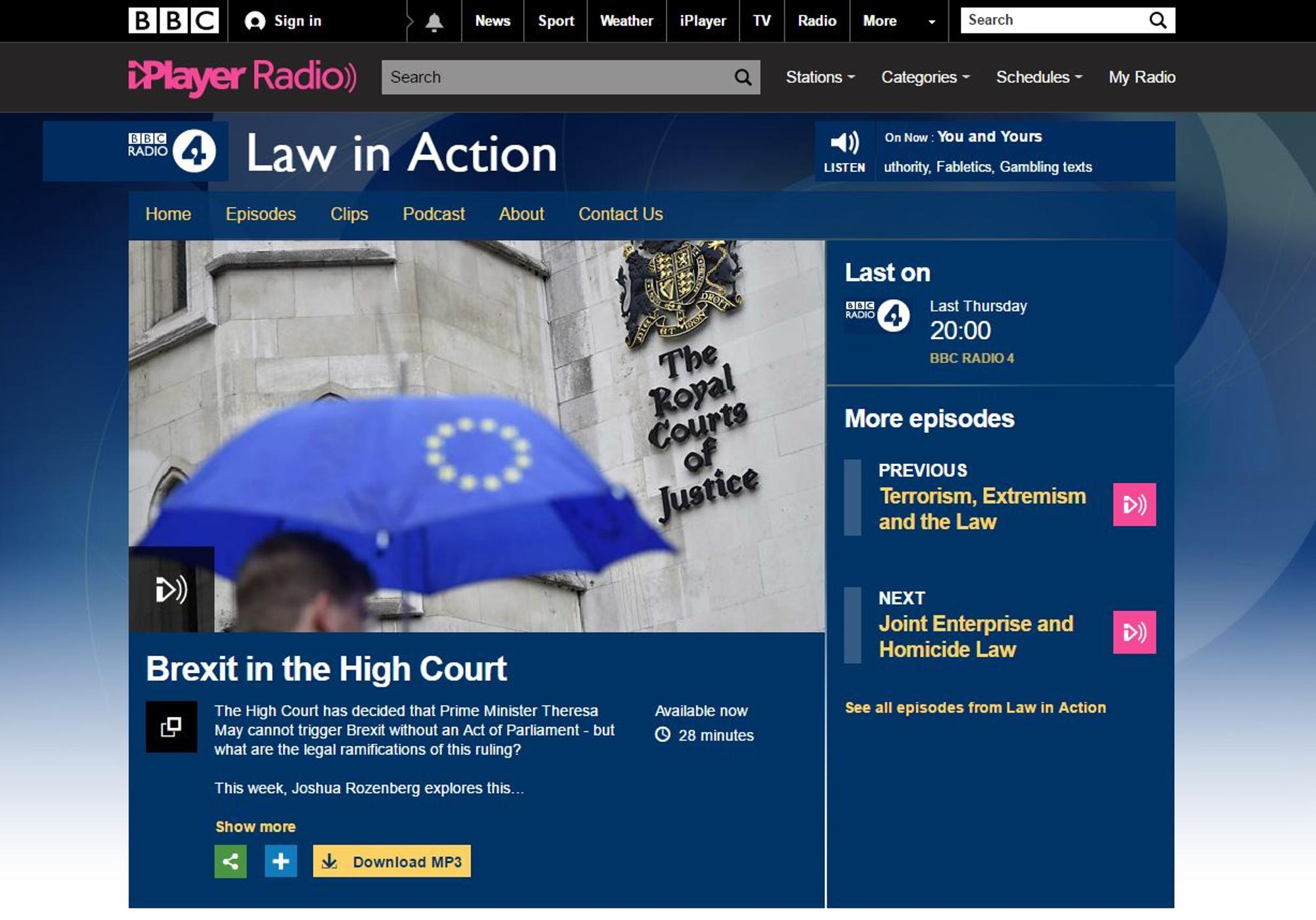 Radio 4 - Law in Action 'Brexit in the High Court', 8 November 2016: Professor Catherine Barnard and Professor Mark Elliott episode artwork