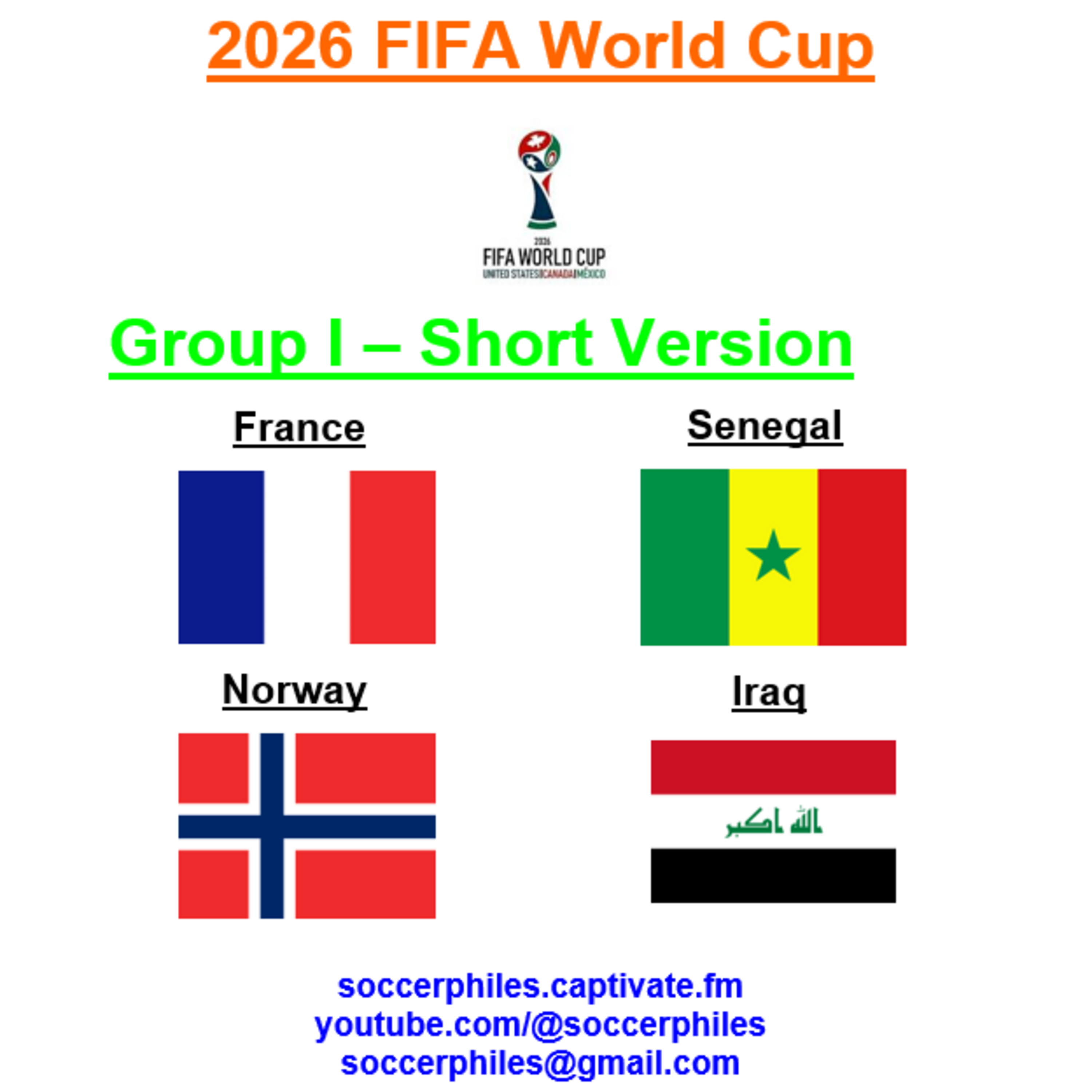 2026 FIFA World Cup - Group I Short Version – France, Senegal, Norway, and Iraq